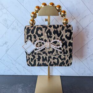 Shiraleah Chicago Leopard Print Pearl Bow Top Handle Mini Bag with Chain Strap